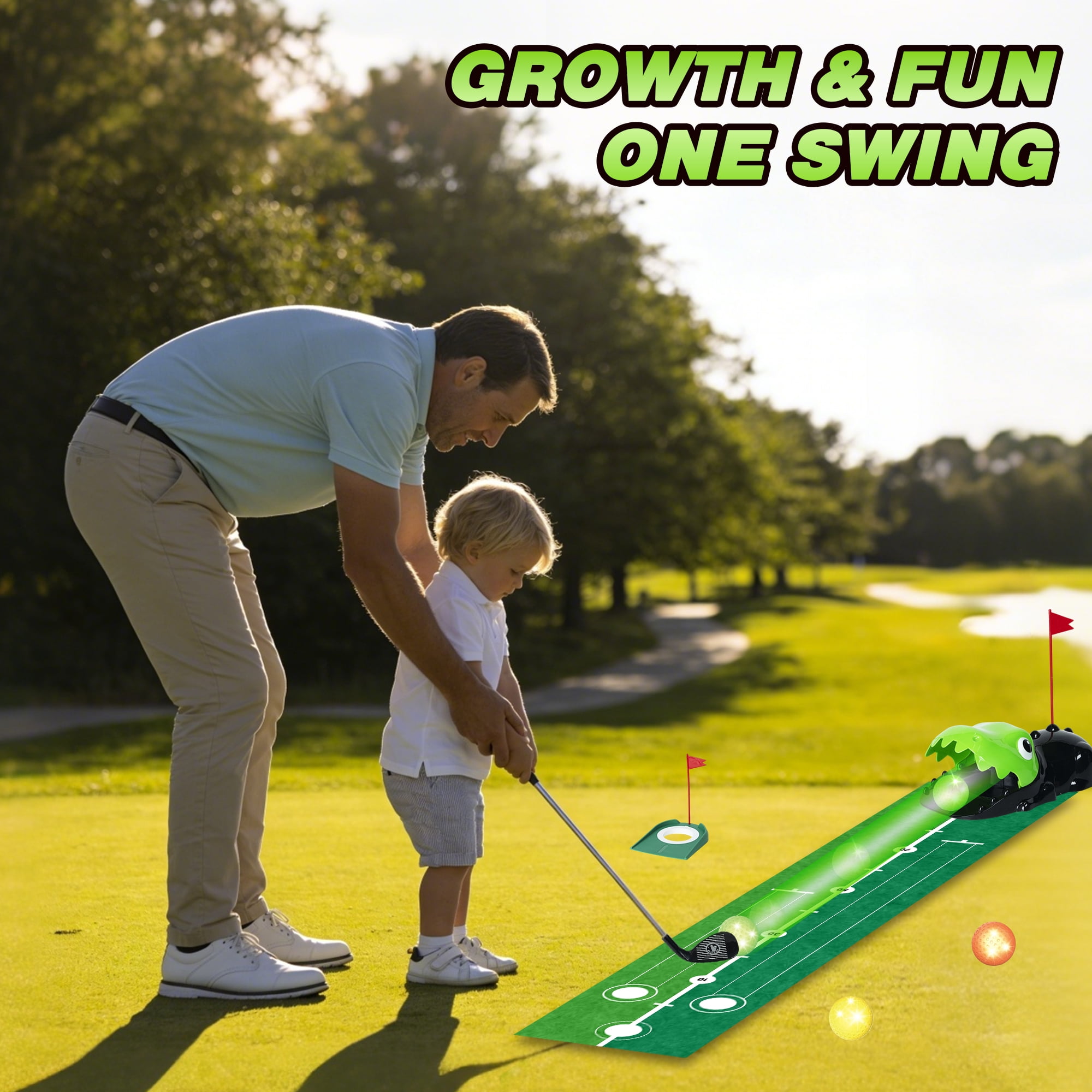 JUGAAD LIFE Toddler Golf Set Kids Toy Golf Clubs Set with Dinosaur Automatic Ball Returner 3 Clubs & Putting Mat Golf Game Indoor Outdoor Sport Toys Gift for Boys Girls 3 4 5 6+ Years Old - Green