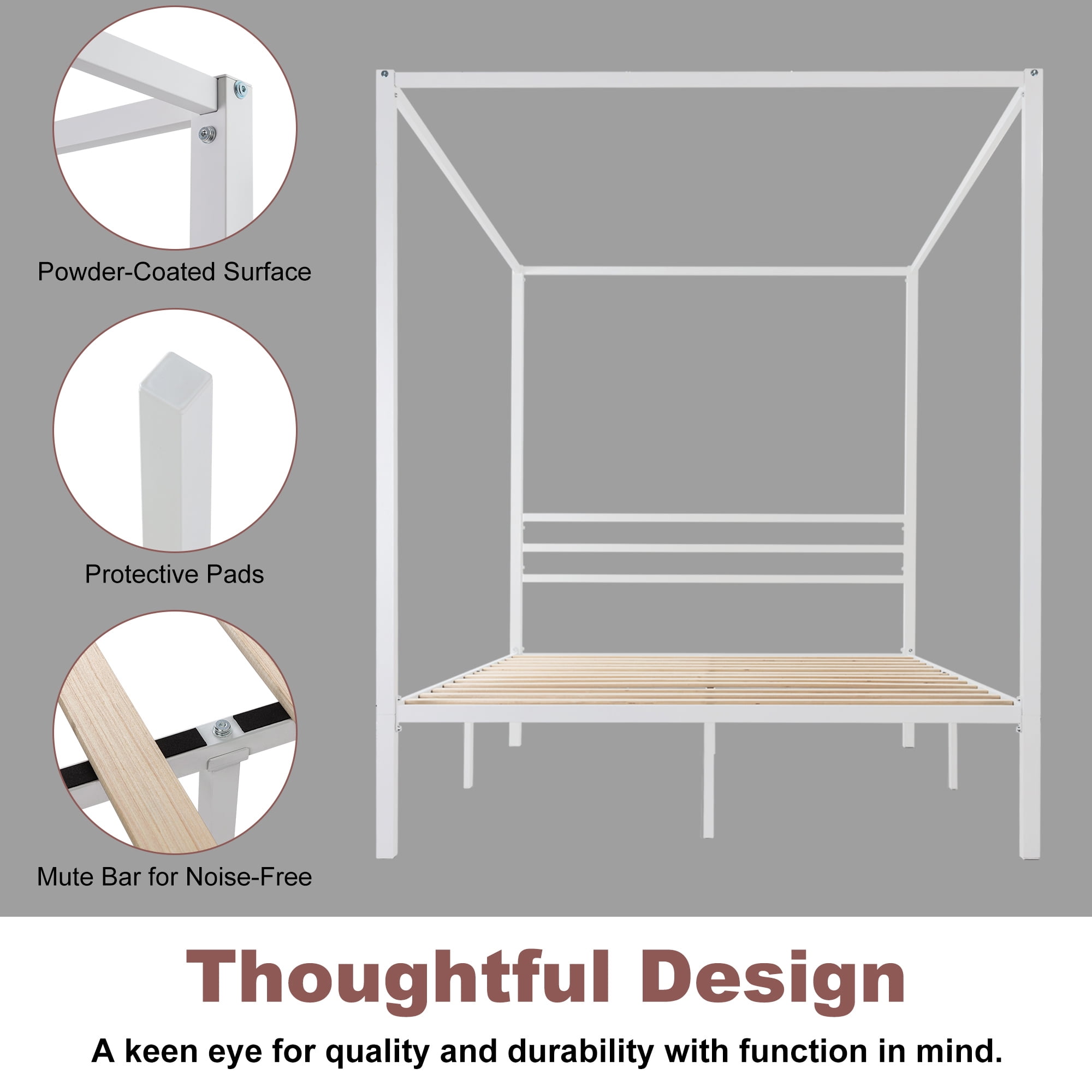 Merrland Full Size Bed Frame, Canopy Platform Bed with Metal Headboard, No Box Spring Needed, White