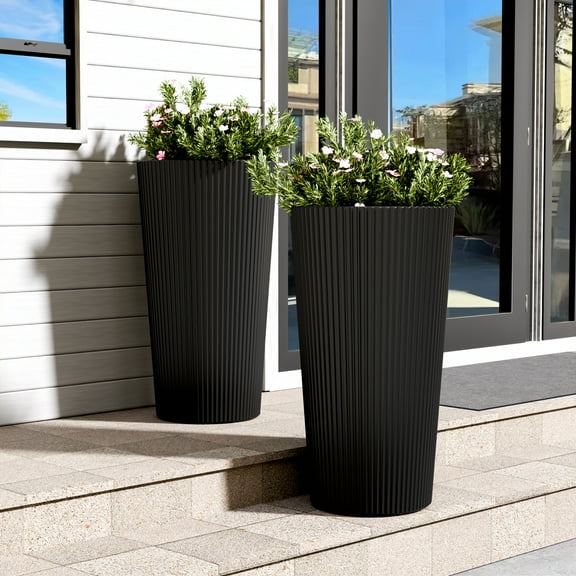 PolarcoForgeco Tall Round Planter Set of 2, 23.6 inch Tall Decorative Planter Pots for Outdoor Indoor Garden Patio Front Porch, Black