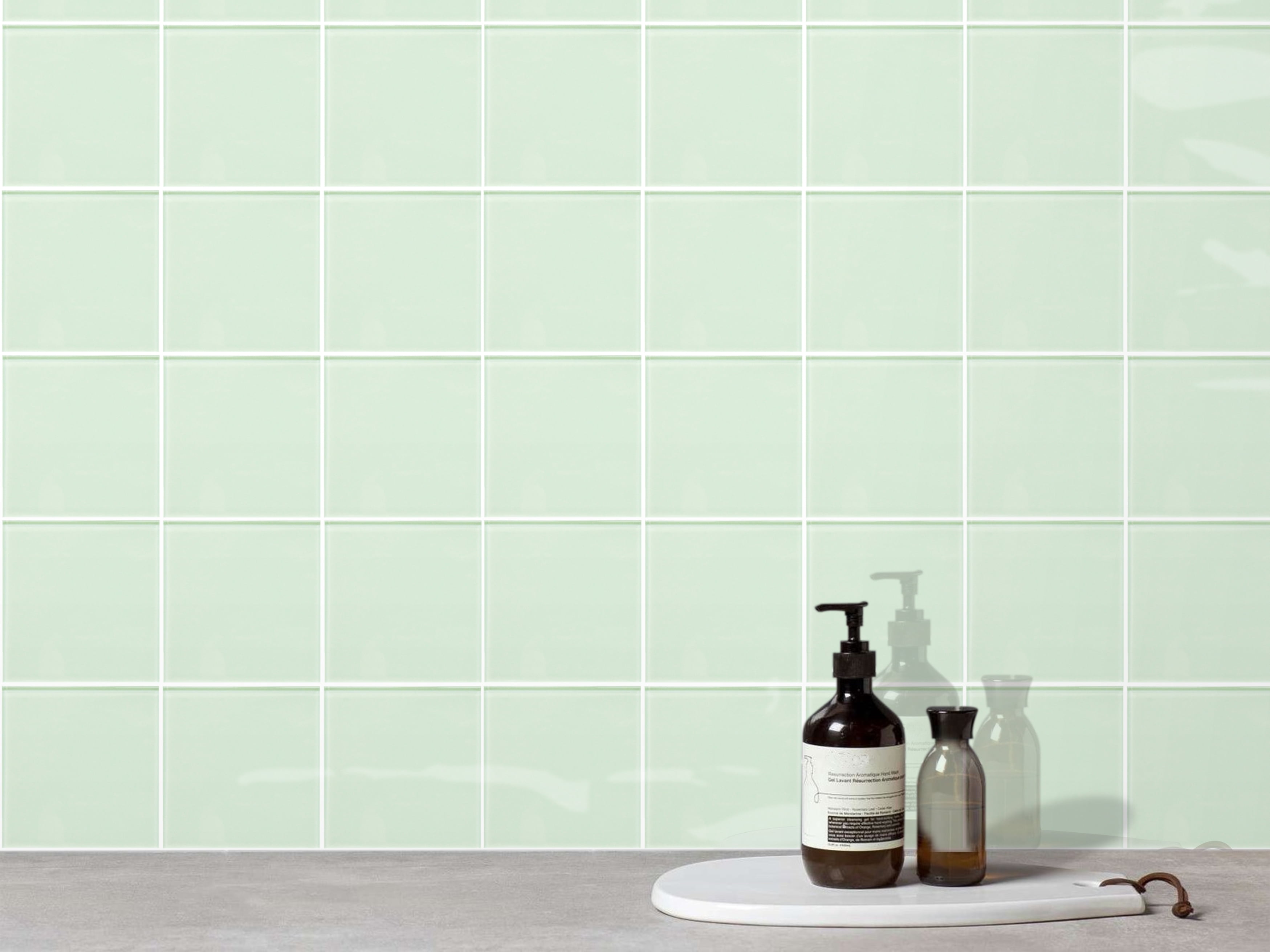 Peel And Stick Glass Tile, 12'' X 12'' Square Mosaic Glass Backsplash Stick On Wall Tiles for Kitchen Bathroom (5 Sheets, Green)
