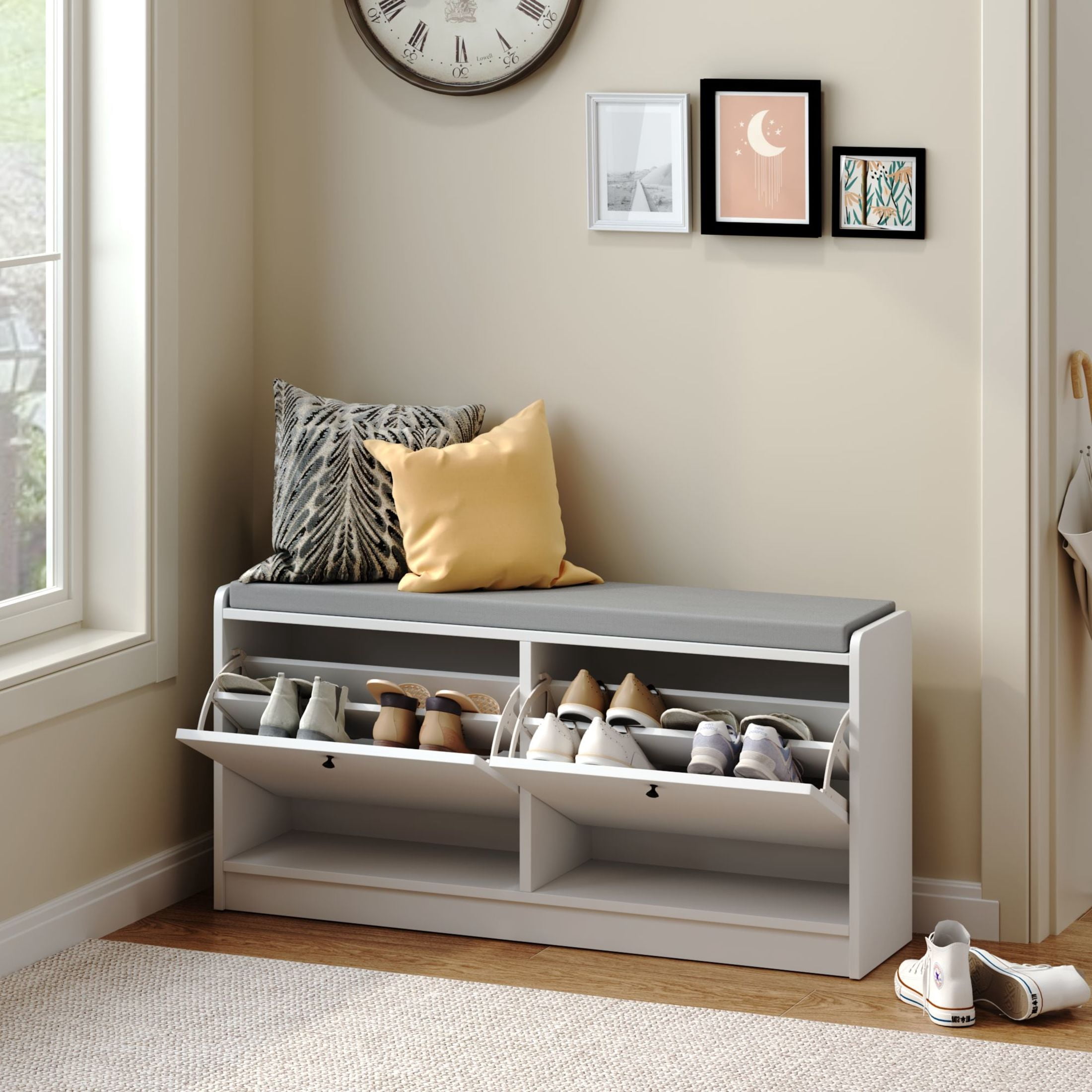 Noble House Tamara 40" Entryway Shoe Storage Bench, Cushioned Wooden Shoe Cabinet with Adjustable Shelves, White
