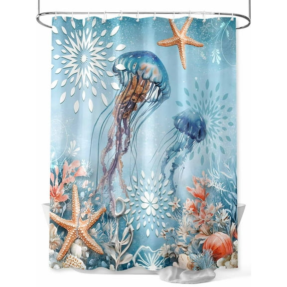 Shower Curtain, Jellyfish Coral Starfish Ocean Coastal Washable Shower Curtain with Hooks Bath Decor Fabric Shower Curtains for Bathroom, Hotel, Stalls, Bathtubs, 48x72 Inch