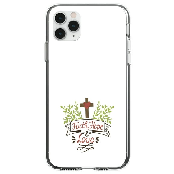 DistinctInk Clear Shockproof Hybrid Case for iPhone 12 MINI (5.4" Screen) - TPU Bumper, Acrylic Back, Tempered Glass Screen Protector - Faith, Hope & Love - Cross & Leaves