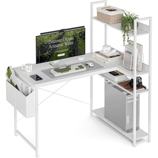 Shaped Computer Desk with Reversible Shelves Inch Small Corner Desk with Storage Bag Gaming Desk Computer Table Study Writing Table for Home Office Bedroom Small Space