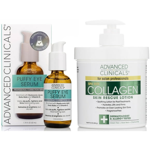 Advanced Clinicals Collagen Cream + Puffy Eye Face Serum 2Pc Set | Firming Collagen Body Lotion & Under Eye Serum | Fragrance Free | Skin Tightening Cream | Skin Care Products 2Pc Bundle