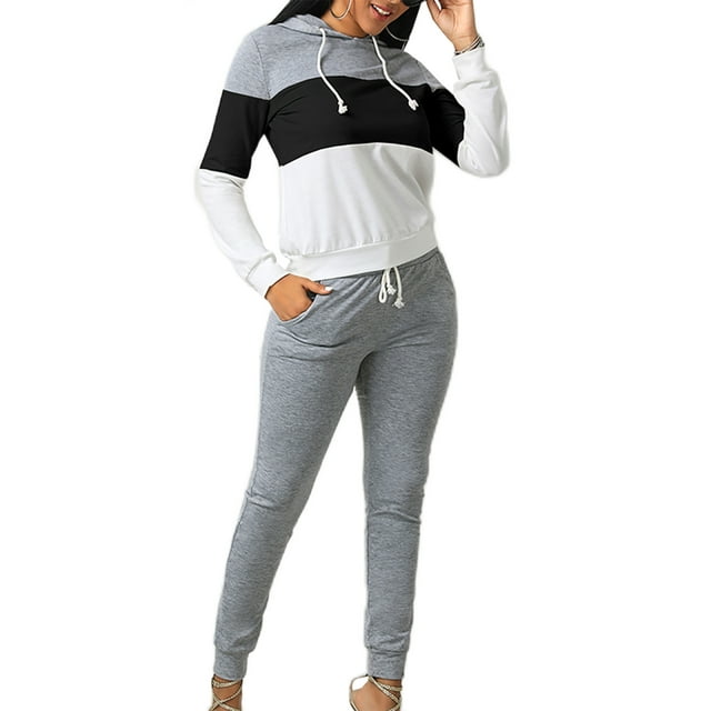 Sexy Dance Ladies Two Piece Outfit Color Block Sweatsuits Hoodies And Pants Jogger Set Lounge Sets Long Sleeve Tracksuit Black XL