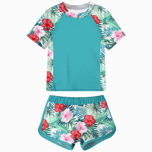 BOBOGOJP Girls Rash Guard Swimsuit Kids Two Piece Bathing Suit UPF 50 Summer Beach Swim Suit Size 7-18T (Light Blue, 5-6 Years)