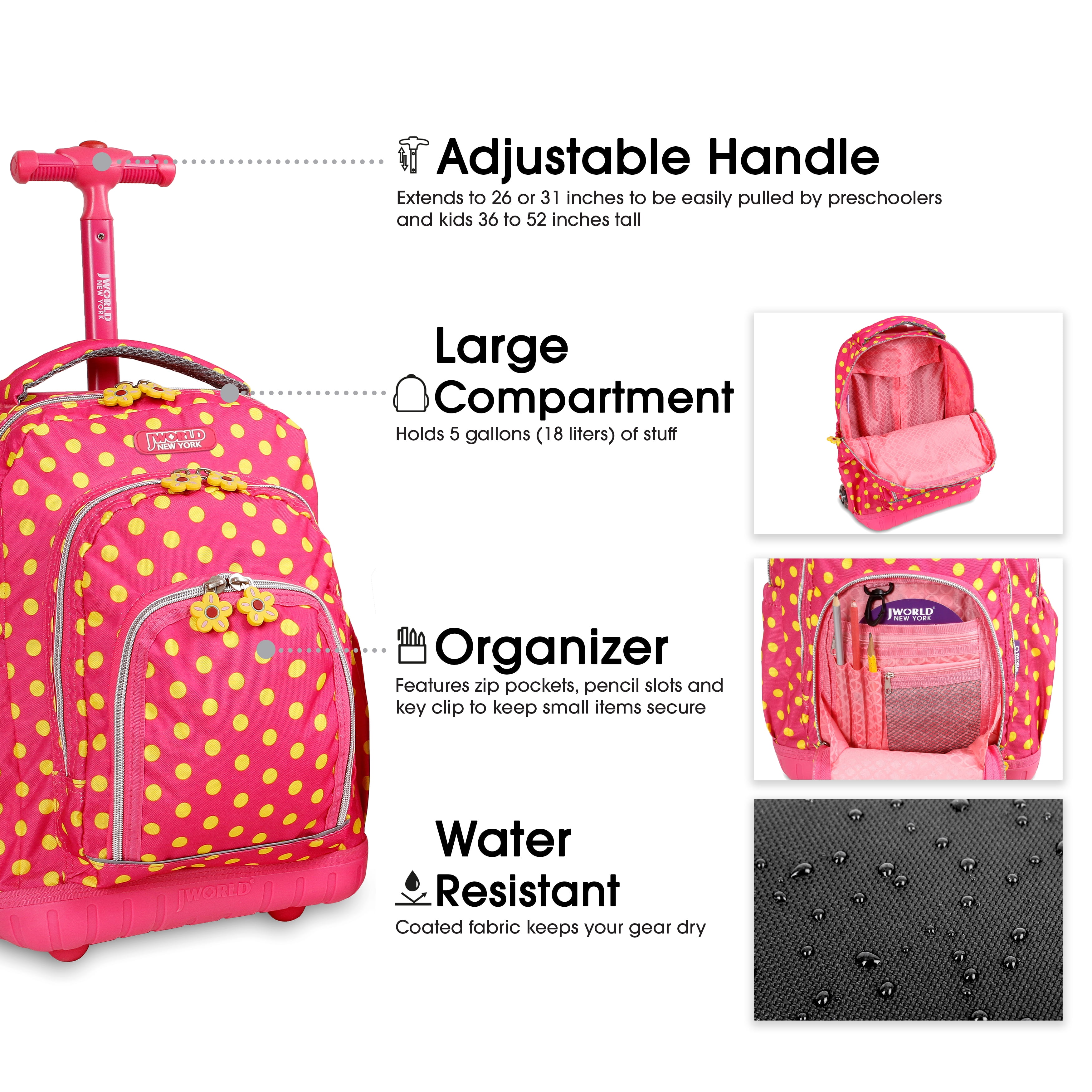 J World Girls Lollipop 16 Kids Rolling Backpack with Insulated Lunch Bag for School and Travel Pink Buttons