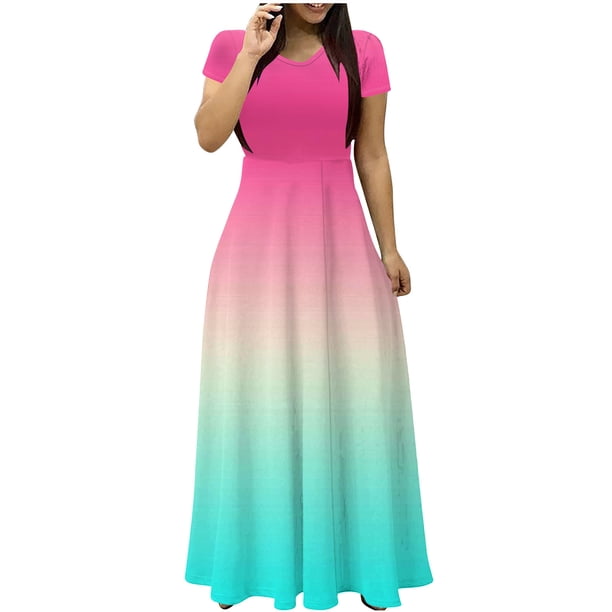 Vestido de Verano para las Mujeres Gradiente Impreso Cuello en V Manga Corta de la Longitud Del Tobillo Vestido, Vestido Corto de Verano