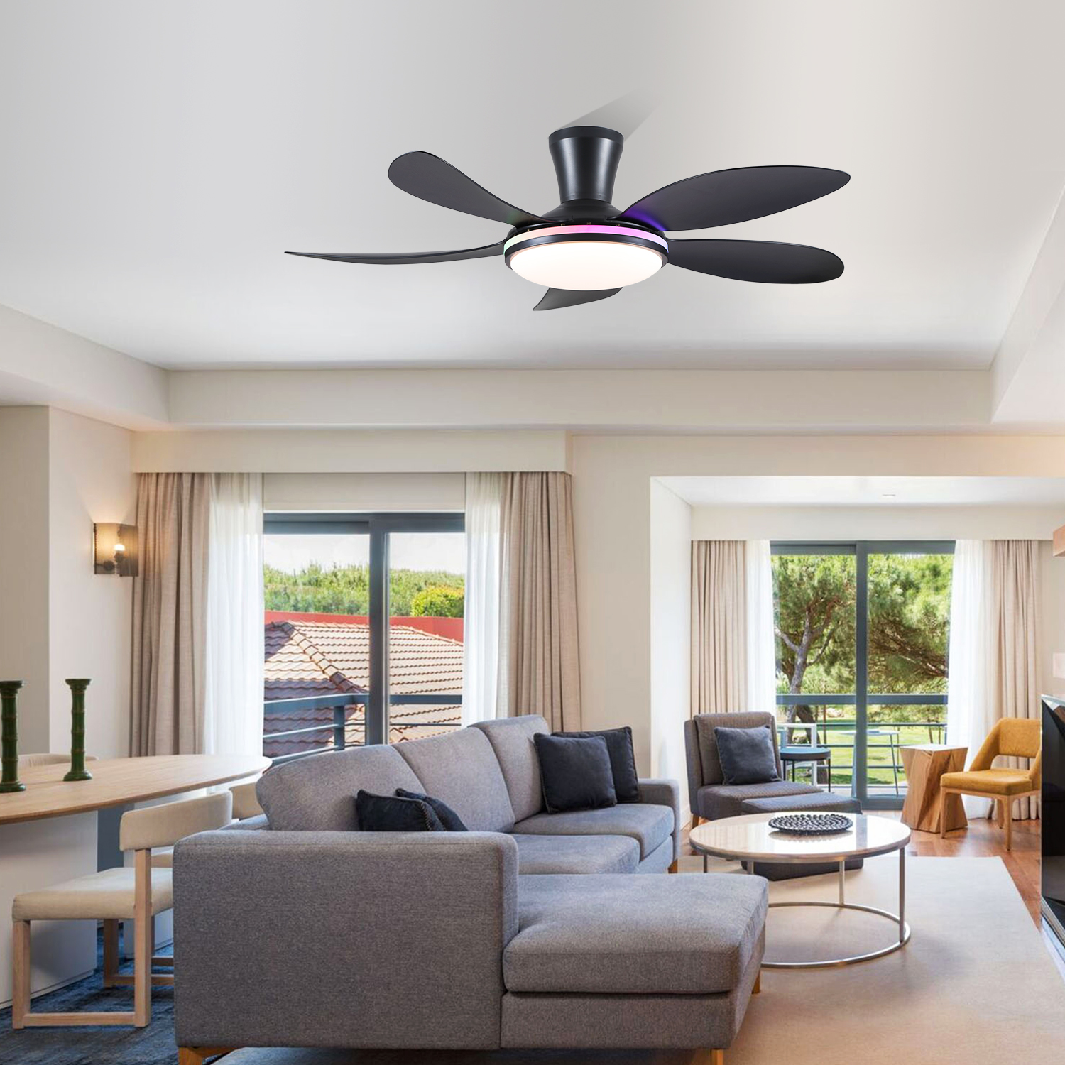 YIOSI 48'' Black Ceiling Fan with Lights and Remote /APP Control,Low Profile Modern Ceiling Fan,Outdoor Flush Mount Ceiling Fan 6-Speed Reversible DC Motor for Living Room Bedroom Indoor,RGB Lighting