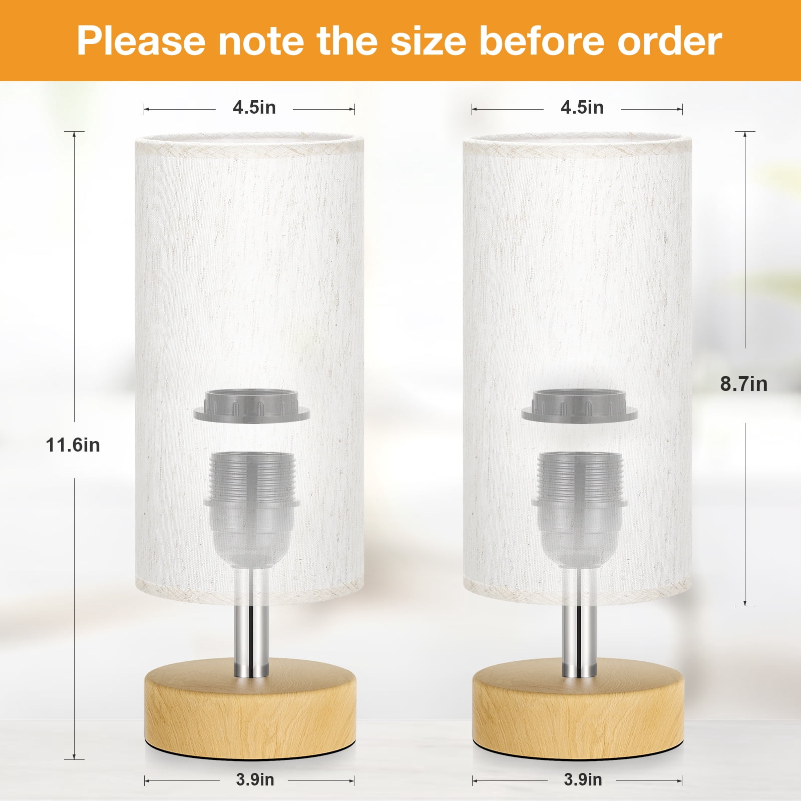 NiteLoom Bedside Table Lamp Set of 2, Cream Fabric Shade Minimalist Nightstand Light for Bedroom, Living Room, Dorm, Office