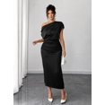 thumbnail image 6 of Black Satin Asymmetric One-Shoulder Ruched Waist Midi Dress For Women, 6 of 6