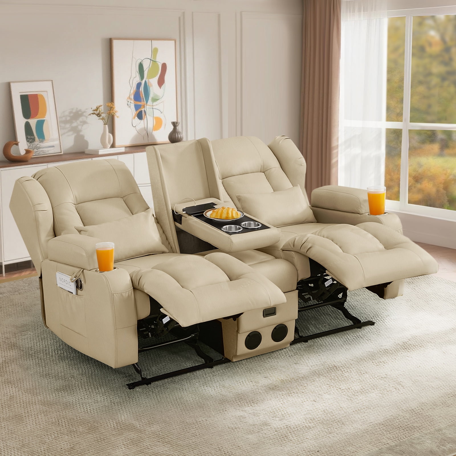 IPKIG 67.7" Manual Double Recliner Loveseat Sofa with Console, Cup Holders, Bluetooth Speakers, USB Ports & AC Outlets, Leathaire Beige