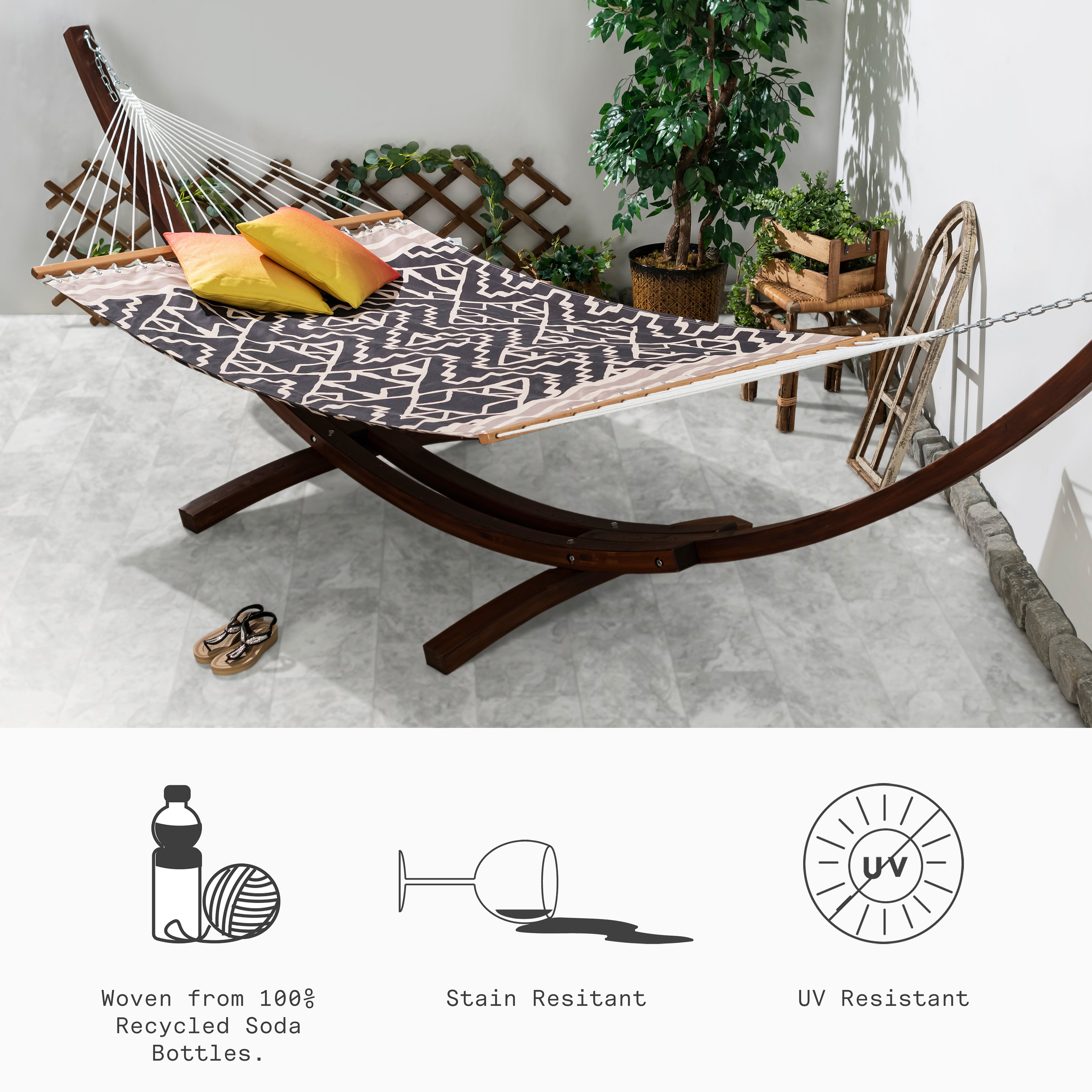 Fab Habitat Tribal Recycled Polyester Hammock - Kilimanjaro - Black - Indoor/Outdoor, Quick Dry, 2 Person 460 lbs Capacity - Patio, Poolside, Backyard, Garden, Beach, Balcony - 12-14 ft Adjustable
