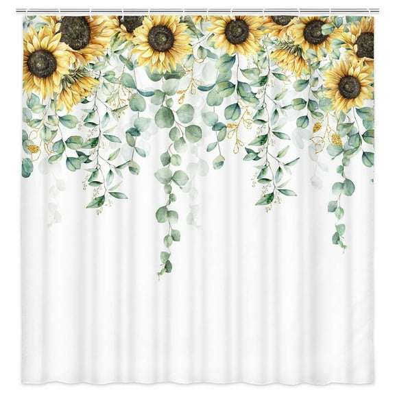 Botanical Rustic Shower Curtain, Yellow Sunflowers and Eucalyptus Leaves Shower Curtain with Hooks, Fabric Bathroom Curtain 69W X 70L Inch…