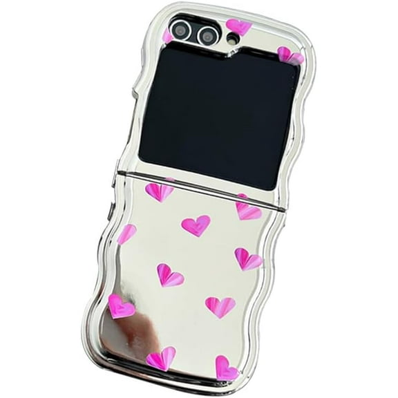 Curly Wave Frame Case for Galaxy Z Flip 5 Cute Mirror Print, Lovely Girly Phone Case for Samsung Galaxy Z Flip 5 with Pink Hearts, Fashion Woman Case for Z Flip 5 (Pink Love)