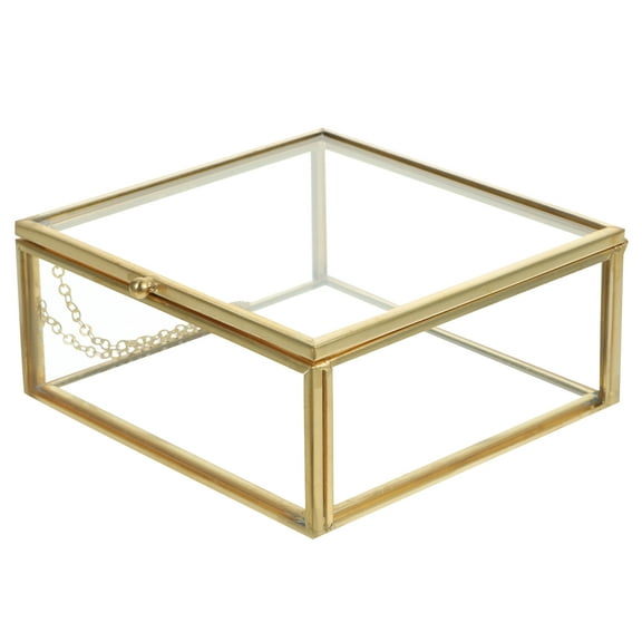 OATIPHO Glass Lidded Box Clear Jewelry Case Golden 1Pack