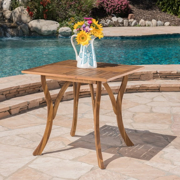 Square Outdoor Dining Table, 31.5 Inch Acacia Wood Patio Table with Slat Top and Cabriole Legs, Teak Finish All-Weather Table for Deck, Patio, and Garden