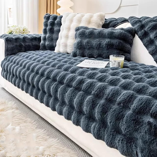 Thick Rabbit Plush Sofa Covers,Non Slip Faux Fur Sofa Cover for L Shape Sectional Sofa Slipcover, Furniture Protector Fluffy Slipcovers for Living Room (Navy,90 * 280cm/35.4 * 110in)