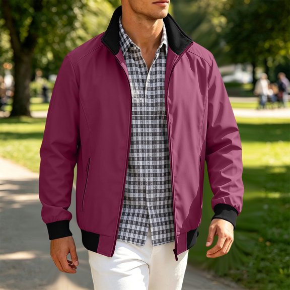 Mens Zip Up Jacket Stand Collar Workout Windbreaker Casual Plus Size Outerwear with Side Pockets Wine L