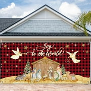 Christmas Nativity Garage Door Banner Cover Large Christmas Nativity Garage Door Decorations Joy to The World Red Buffalo Plaid Backdrop for Xmas Holiday Party Supplies