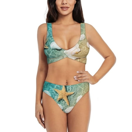 Zeuib Starfish And Seashell High Waisted Tummy Control Bikini Set - Knot Front Push Up Top & Cheeky Thong Bottom  Two-Piece Swimsuit for Women-XX-Large