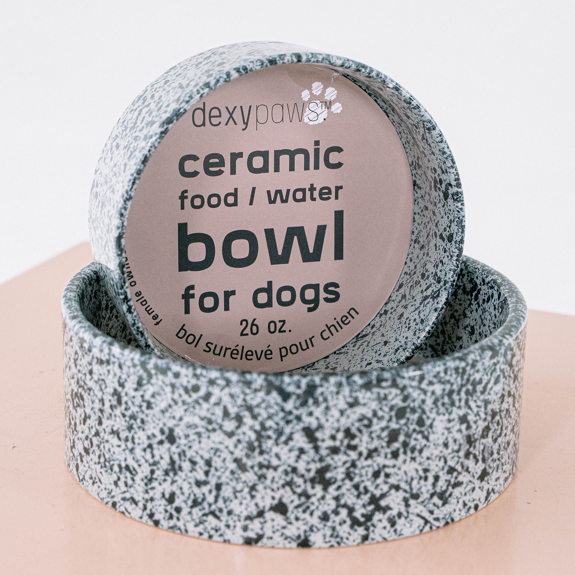 Dexypaws: Ceramic Dog Bowl: Salt & Pepper - 26oz - Pet Feeding Dish, Meals Food & Water, Dishwasher Safe, Non-Toxic, Non-Tip Design, Stylish Paw Print