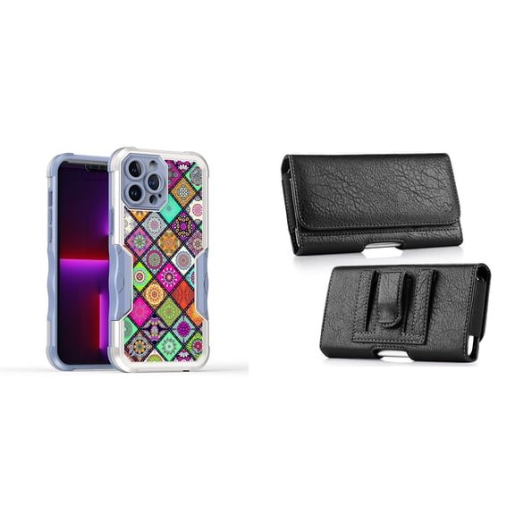 Case and Pouch Bundle for iPhone 14: Heavy Duty Armor Rugged Case (Mediterranean Tile Pattern) and Coin Card Wallet Belt Holster