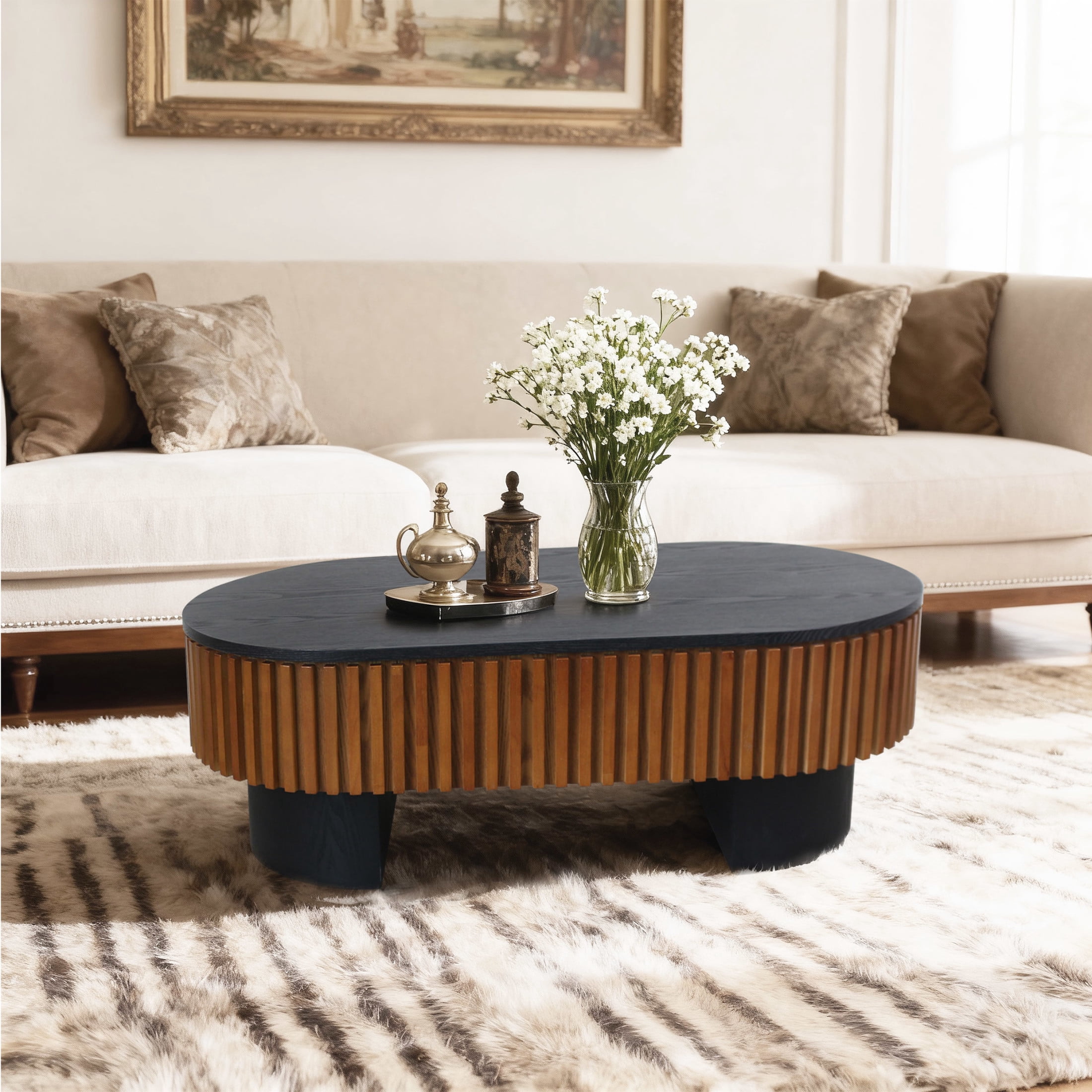Noble House Mourade 44" Elliptical Coffee Table with Hidden Storage, Modern Fluted Mushroom Accent Table, Black