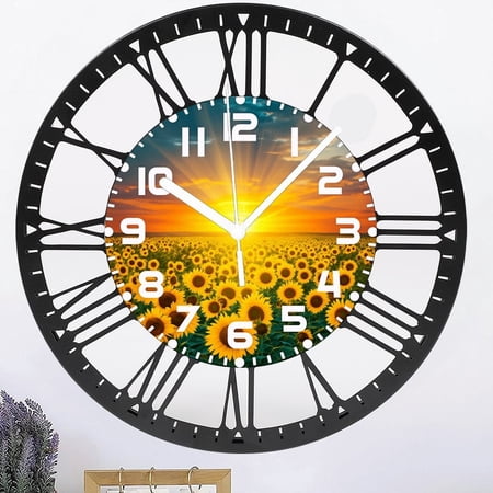 Iron Sunflower Fields Wall Clock Sunset Beautiful Golden Yellow Sunflowers Battery Powered Wall Clock Silent Non Ticking 10 Inch for Living Room, Kitchen, Home,Bathroom, Bedroom