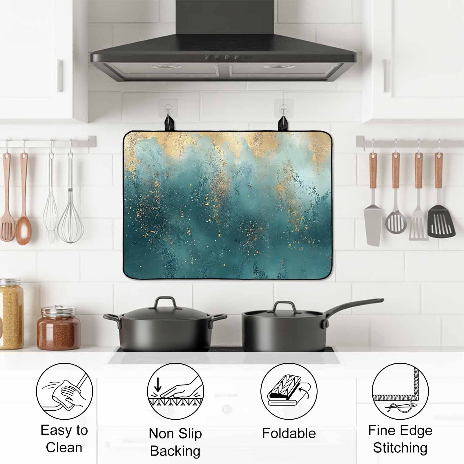 Abstract Turquoise Gold Stove Top Cover for Electric Stove, Heat-proof & Non Slip Glass Top Stove Cover Protector, Modern Minimalist Art Kitchen Flat Cooktop Rubber Mat 24x21 Inches