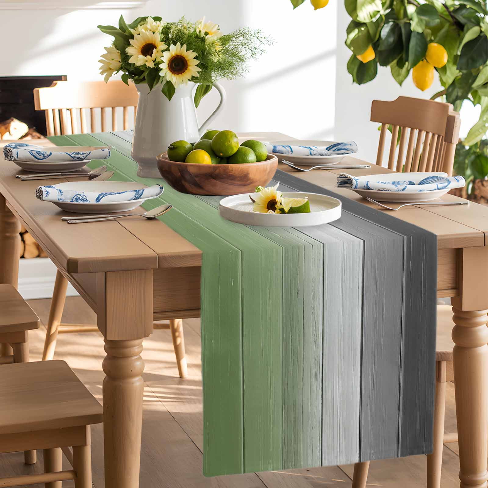 Sage Green Gray Ombre Cotton Linen Table Runner for Dining Kitchen, Vintage Country Wooden Wedding Outdoor Party Tablerunners Decoration, Dresser Scarf Coffee Tablecloth Runners 13x90 Inches