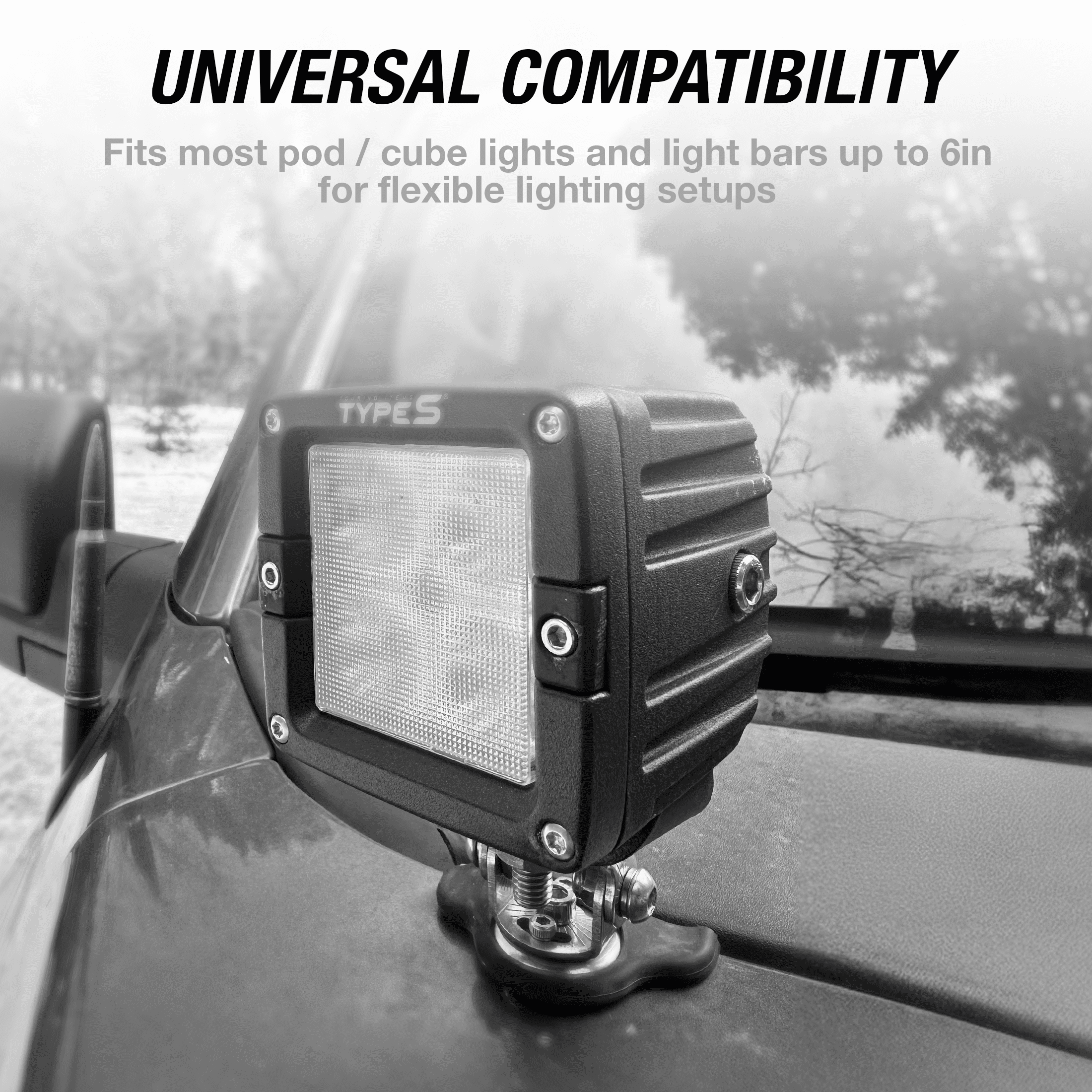 TYPE S Universal Pod Light Hood Mount Kit, Clamp-On No-Drill Brackets, Silver, 2-Pack