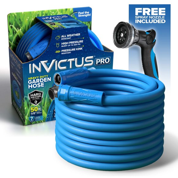 Invictus Pro Blue Léger 400 PSI Résistant aux Plis Tuyau d'Arrosage 5/8 Pouces avec Buse à 10 Vaporisations 50 Pieds Tuyau de Jardin Extérieur