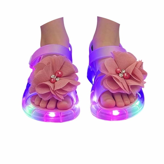 FINALGANG Kids Girls Adjustable Hook And Loop Flower Cherry Rhinestone Light Up Sandals Transparent LED Thick Sole Summer Glowing Casual Sandals Cozy Shoes 6-6.5 Years