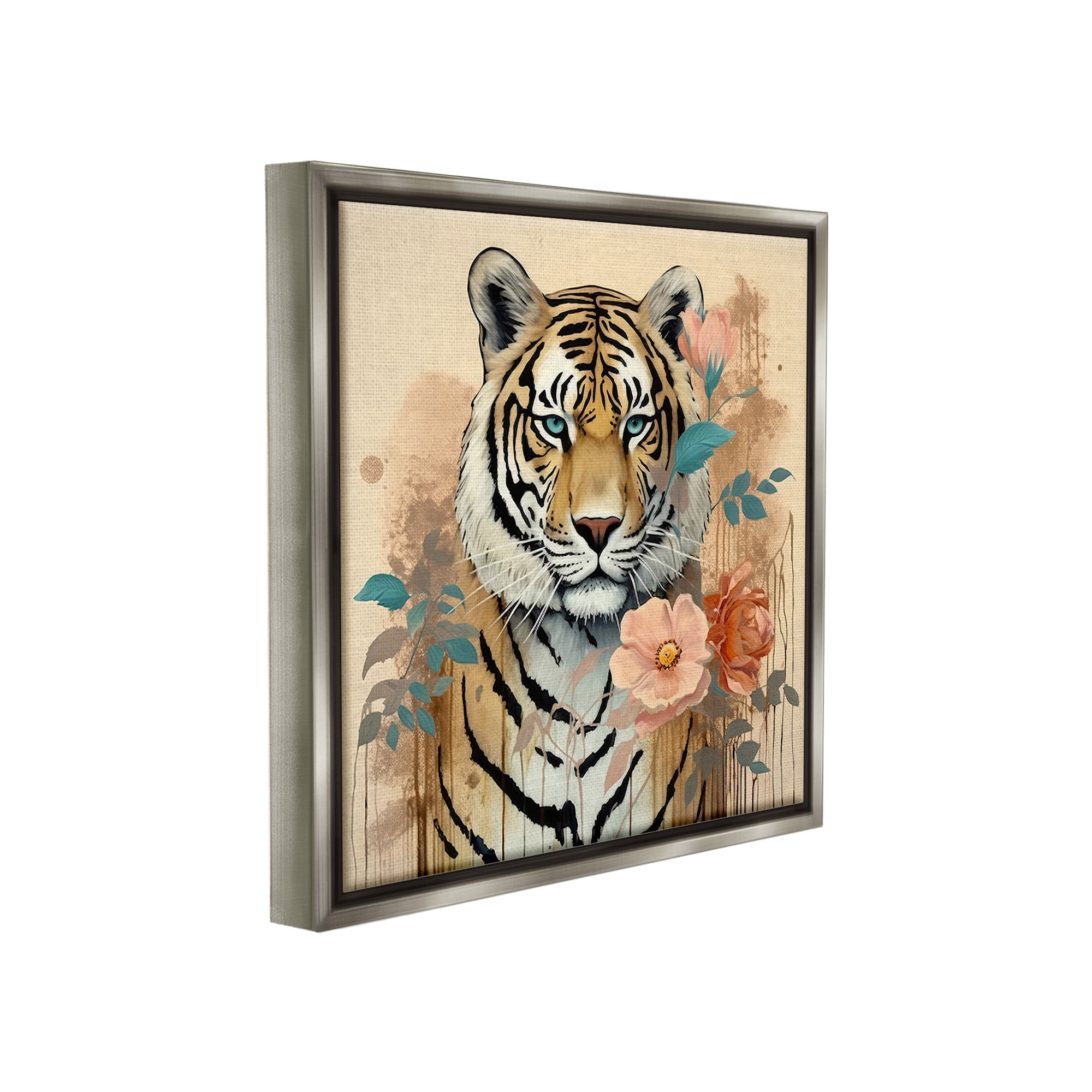 Stupell Industries Modern Floral Tiger Animals & Insects Painting Gray Floater Framed Canvas Art Print Wall Art, 18 x 18