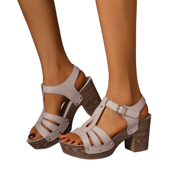 Women's Heeled Sandals Open Toe Platform Heels Fashion Studded T-Strap Pumps Shoes with Adjustable Buckle Ankle Strap White Size 7