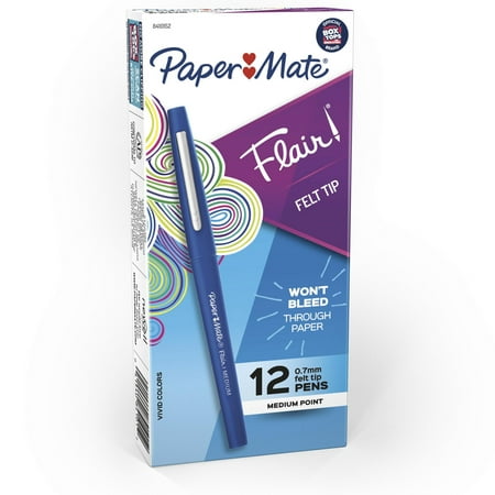 Paper Mate Flair Felt Tip Pens, Medium Point (0.7 mm), Blue, 12 Count