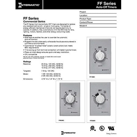 Compte à rebours Intermatic à ressort, 125-277 VAC, 50/60 Hz, SPST, 60 minutes maximum, sans maintien