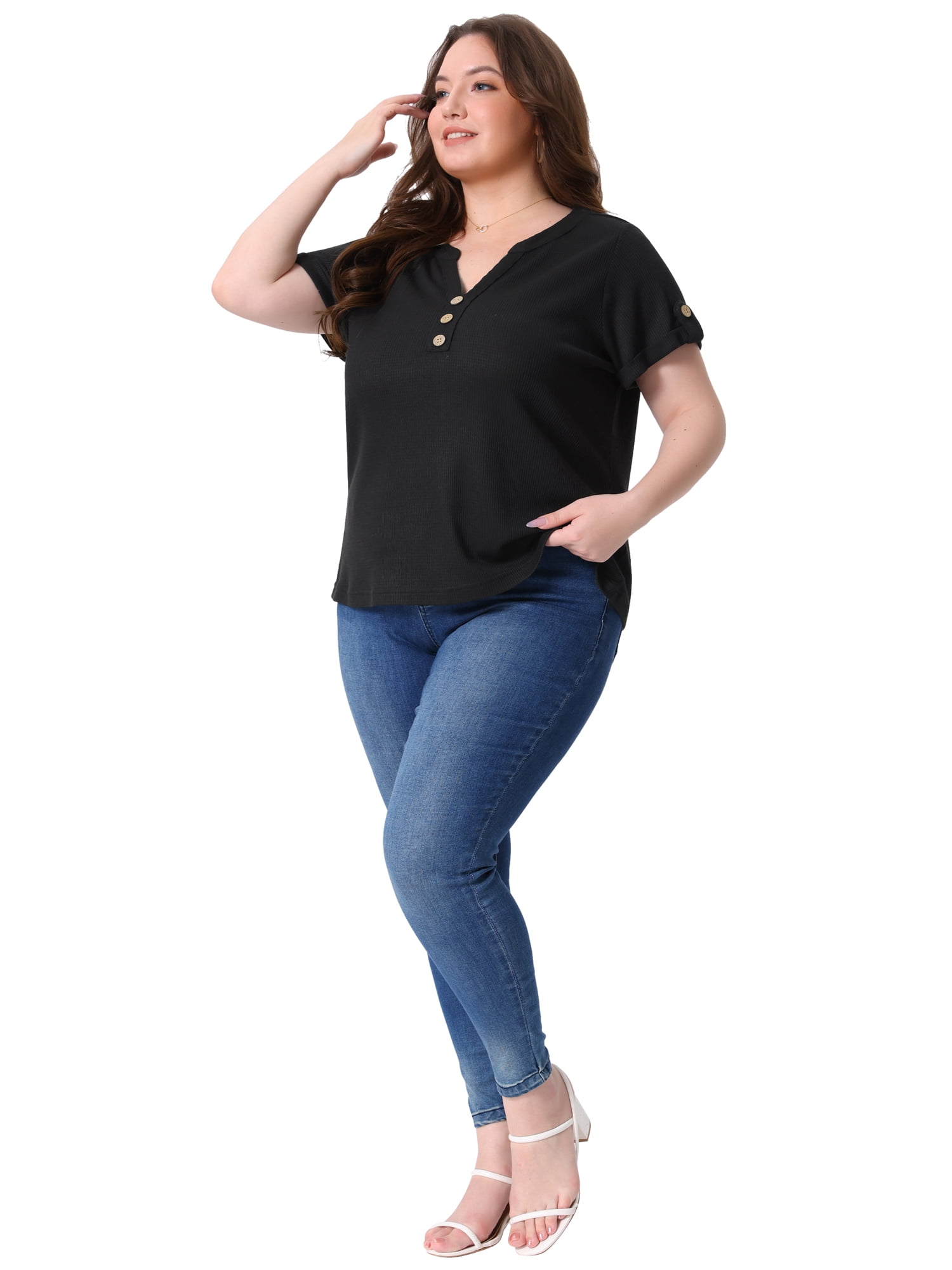 Women's Plus Women's Waffle Tunic Tops Short Sleeve Button V Neck Casual Blouse 1X Black