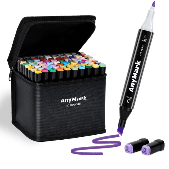 AnyMark Alcohol Markers, 80 Colors Dual Tip Art Coloring Markers Set for Adult Book Drawing Sketching Painting, Chisel & Fine