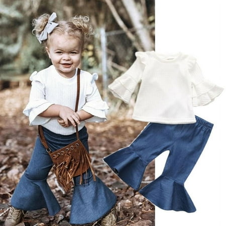 

Qtinghua Toddler Baby Girls Off Sloulder Top Ruffle Blouse Pearl Denim Ripped Long Jeans Pants Outfits Clothes White 2T