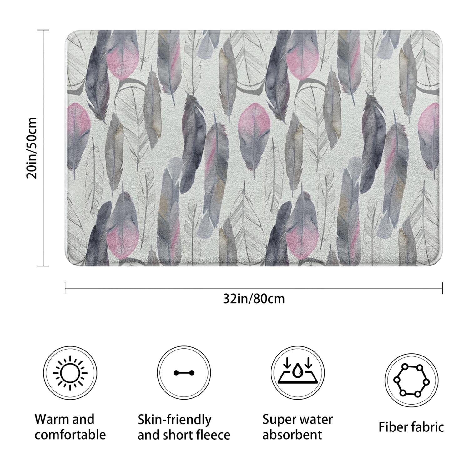 Pink and Grey Watercolor Feather Pattern Bathroom Rugs Mat,Non Slip Microfiber Bathroom Rug,Rubber Backing,Soft Bathroom Mats for Bathroom Floor,Tub and Shower,20x32in(50x80cm)