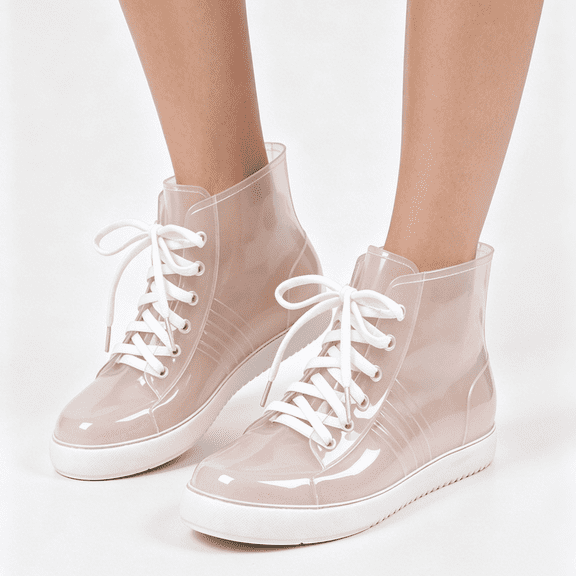 IEMIEMIEM Womens Rain Boots Lace Up Ankle Fashion Clear Waterproof Rubber Short Rain Shoes Non-slip Garden Shoes White 7 Wide