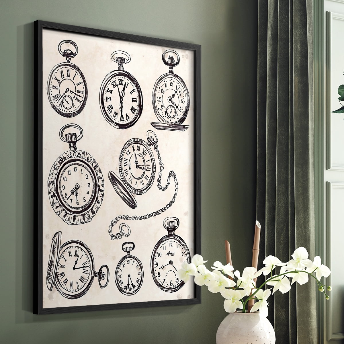 Pocket Watch Sketches I in Black Solid Wood 11 x 14 Framed Print