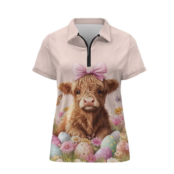 FUIALDOLG Easter Women 1/4 Zip Polo Shirt Featuring Highland Cow Eggs, Lightweight Breathable Athletic Tops for Golf and Tennis