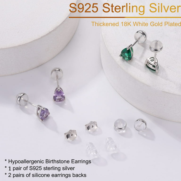 TURANDOSS Birthstone Stud Earrings for Women 18K White Gold Plated S925  Sterling Silver Three Prongs Pear Genuine or Created Solitaire Birthstone 