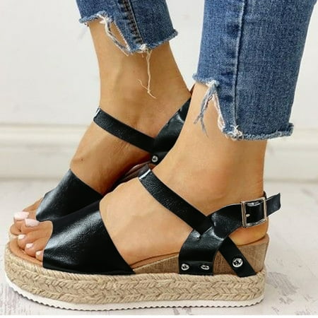 

Women Summer Fashion Sandals Buckle Strap Wedges Retro Peep Toe Sandals