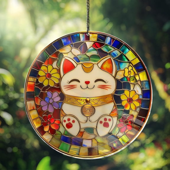 Japanese Lucky Cat ACRYLIC Window Hanging Faux Stain Glass Suncatcher, Gift For Lucky Cat Lovers, Lucky Cat Lovers Gift, Lucky Cat Art Decor