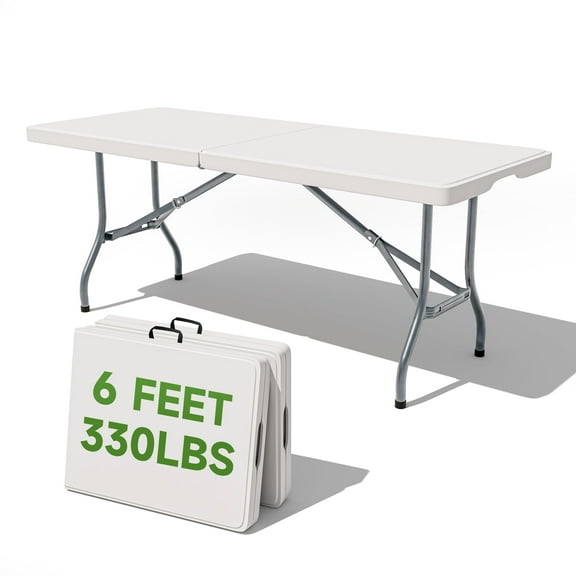 Folding Table 6 Foot - Heavy Duty 330LBS Capacity, Sturdy, Foldable with Safety Lock - Portable for Camping, Party, Indoor & Outdoor Use, 2 Pack